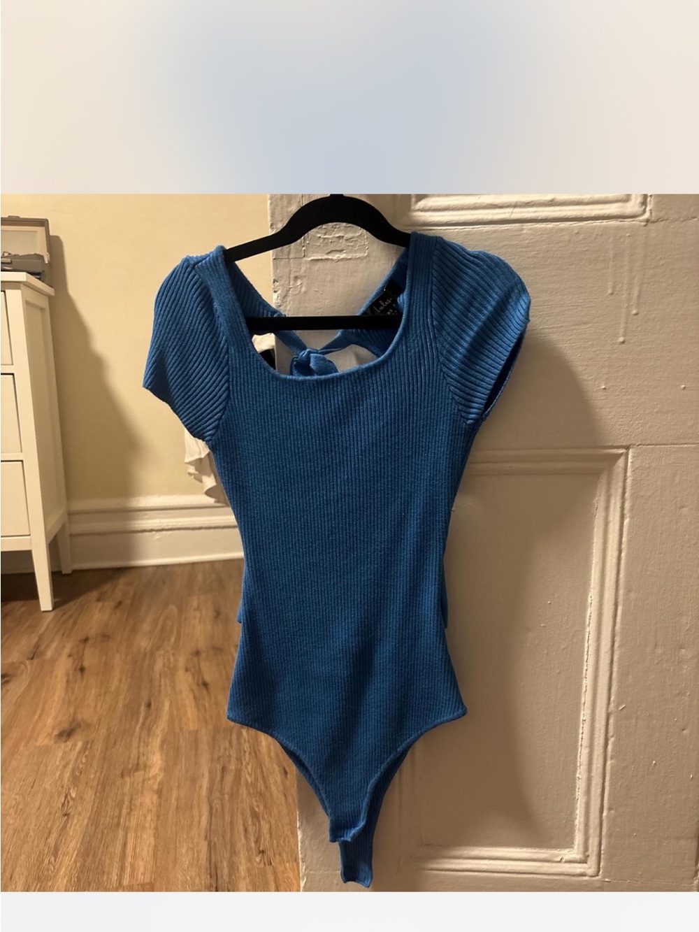 Lulu's Blue Ribbed Tie-Back Short Sleeve Bodysuit